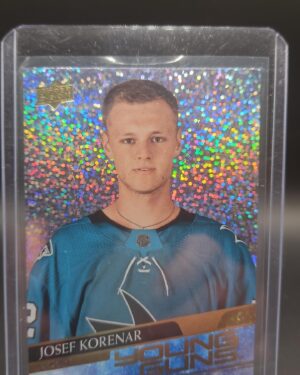 2020-21 Upper Deck Extended Series Young Guns Speckled Rainbow Foil Josef Korenar rookie card, Mint condition, San Jose Sharks, top collectible NHL rookie card.