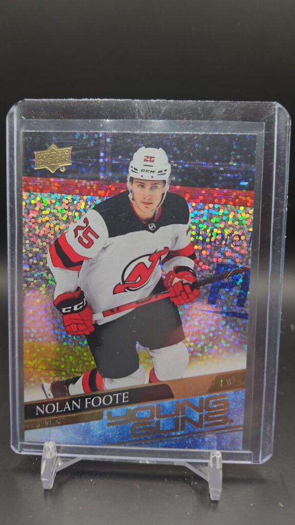 2020-21 Upper Deck Extended Series Young Guns Speckled Rainbow Nolan Foote rookie card, Mint condition, New Jersey Devils, top collectible NHL rookie card.