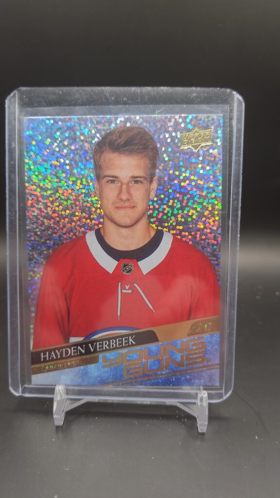 2020-21 Upper Deck Extended Series Young Guns Speckled Rainbow Foil Hayden Verbeek rookie card #714, Mint condition, Montreal Canadiens, top collectible NHL rookie card.