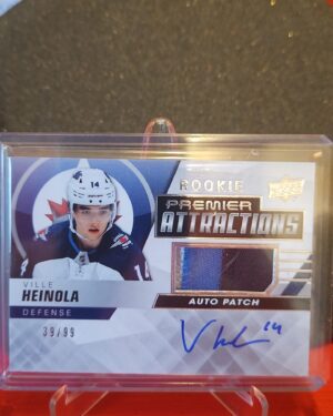 Ville Heinola 2019 Upper Deck Premier Rookie Attractions Patch Auto /99 RC, Winnipeg Jets, premium rookie card, autograph, patch, limited edition.