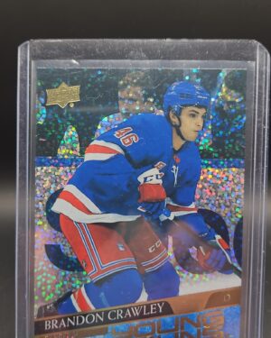 2020-21 Upper Deck Young Guns Rainbow Foil Brandon Crawley rookie card #464, Mint condition, New York Rangers, top collectible NHL rookie card.