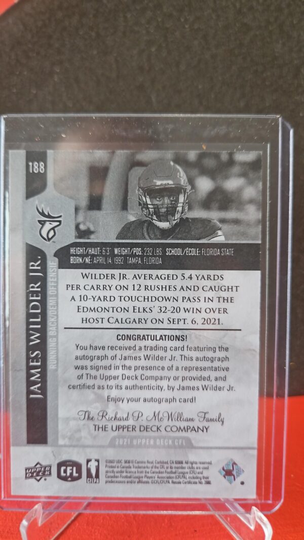 2021 Upper Deck CFL Auto James Wilder Jr #188 Auto - Image 2