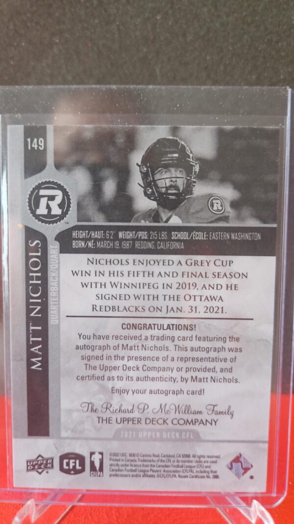 2021 Upper Deck CFL Auto Matt Nichols #149 Auto - Image 2