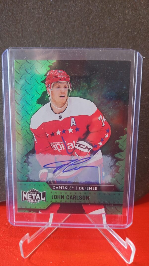 John Carlson 2021-22 Skybox Metal Universe Green Auto /10 #74 hockey card with autograph