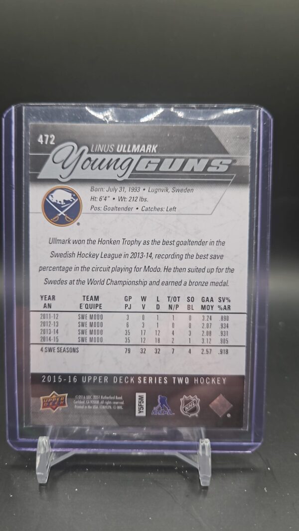 2015-16 Upper Deck Young Guns Linus Ullmark #472 Rookie RC - Image 2