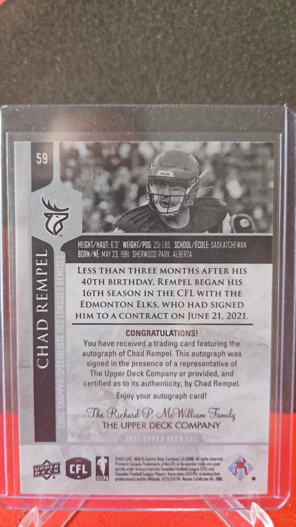 2021 Upper Deck CFL Autograph Auto 59 Chad Rempel Edmonton Eskimos Elks - Image 2