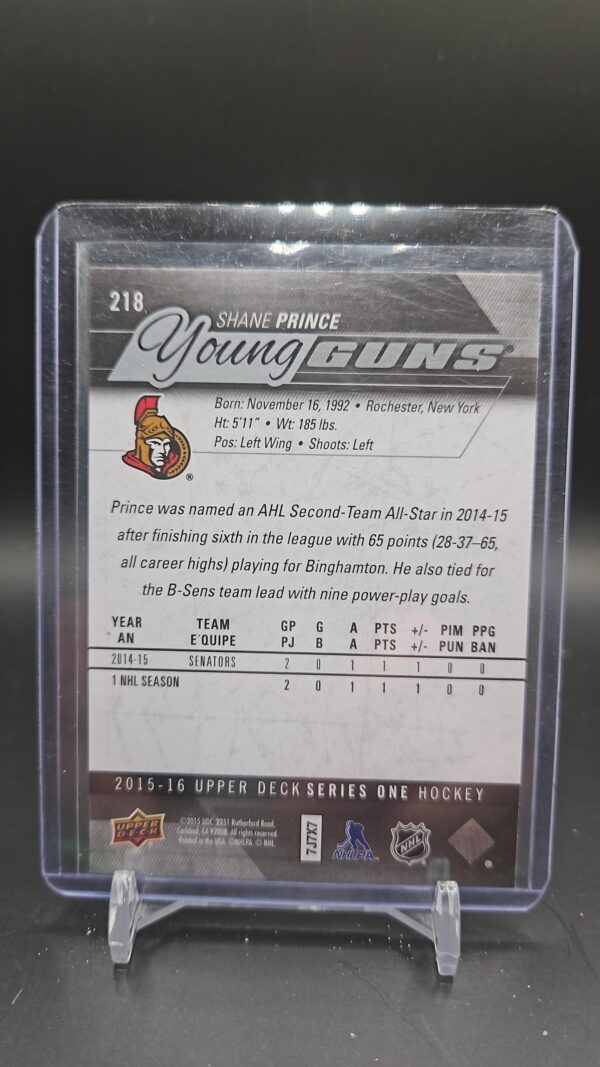 2015-16 Upper Deck Shane Prince Young Guns #218 - Ottawa Senators - Image 2