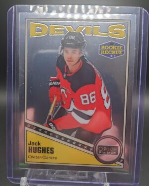 2019-20 O-Pee-Chee Platinum Retro Rookie Jack Hughes #R-100 card, New Jersey Devils, premium hockey collectible