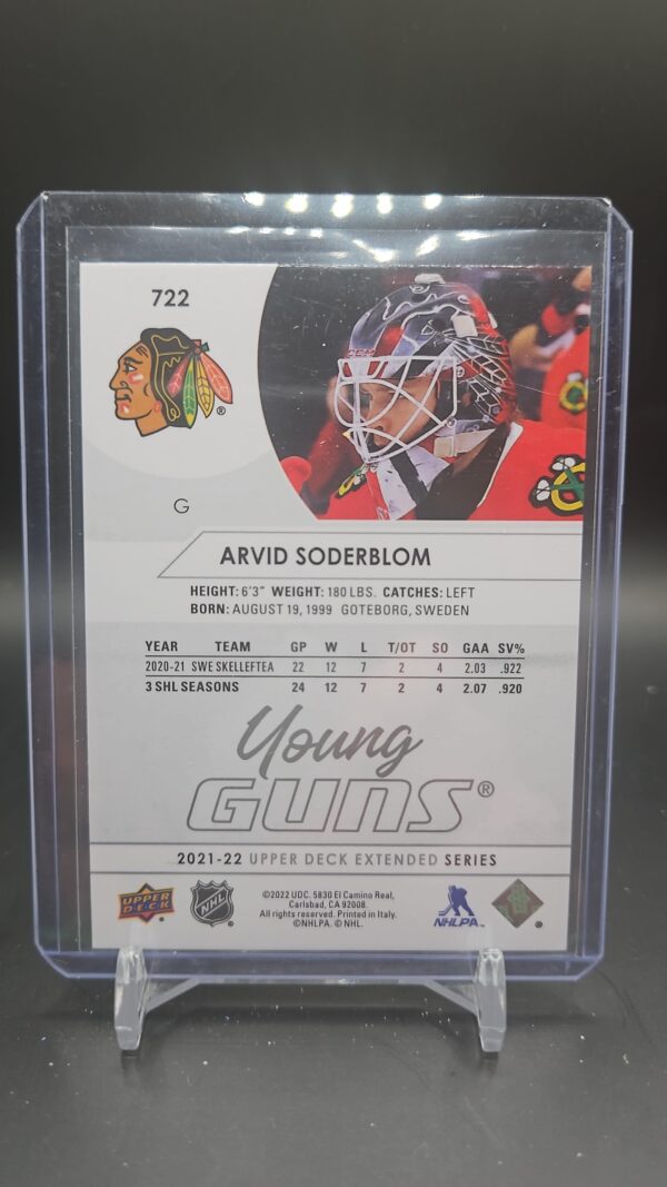 2021-22 Upper Deck Young Guns Rookie #722 Arvid Soderblom YG RC Chicago Blackhaw - Image 2