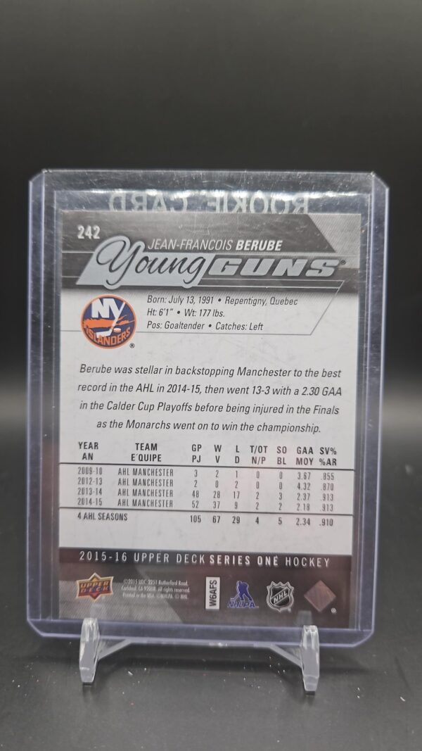 2015-16 UD Hockey Series 1 Young Guns #242 Jean-Francois Berube - Image 2