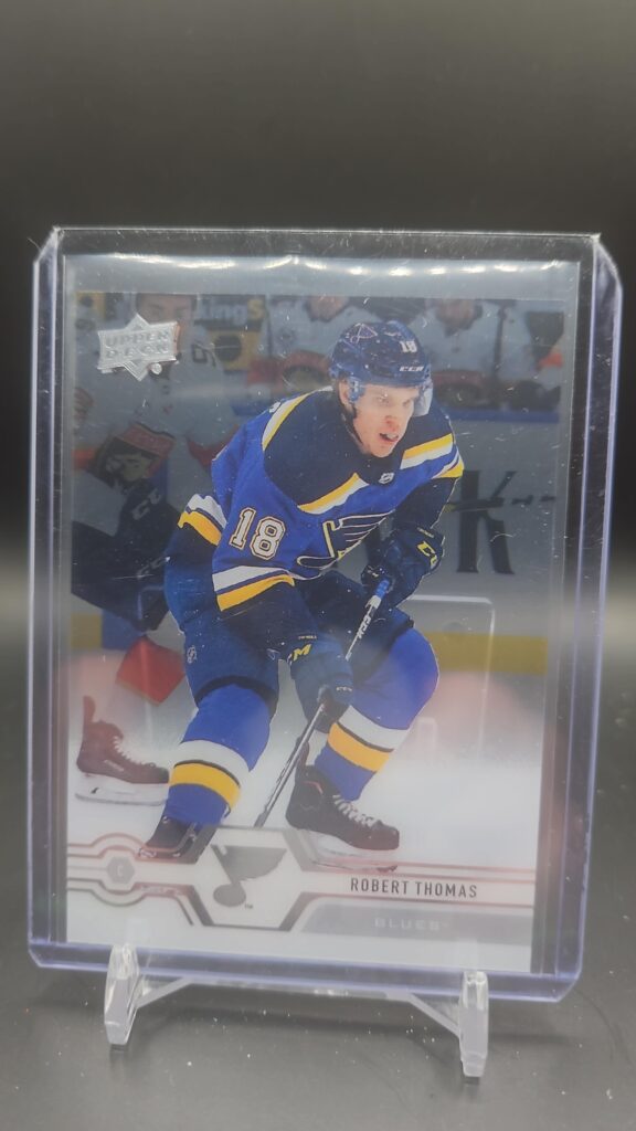 2019-20 Upper Deck Series 1 Clear Cut Insert #120 Robert Thomas acetate hockey card featuring St. Louis Blues uniform