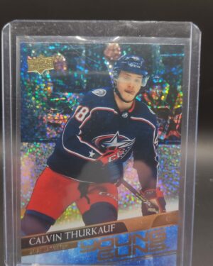 2020-21 Upper Deck Young Guns Speckled Rainbow Calvin Thurkauf rookie card #467, Mint condition, Columbus Blue Jackets, top collectible NHL rookie card.