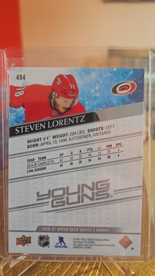 2020-21 Steven Lorentz Young Guns Upper Deck Series 2 Rookie Hockey Card #494 - Image 2