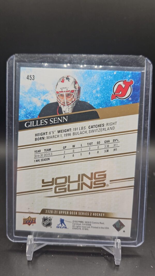 Gilles Senn 2020-21 UD Young Guns Speckled Rainbow Rookie Card #453 – New Jersey Devils – Mint - Image 2