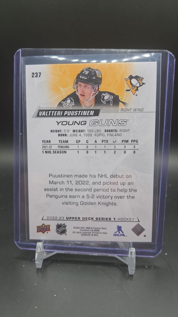 22/23 UD SERIES 1 VALTTERI PUUSTINEN YOUNG GUNS ROOKIE #237 - Image 2