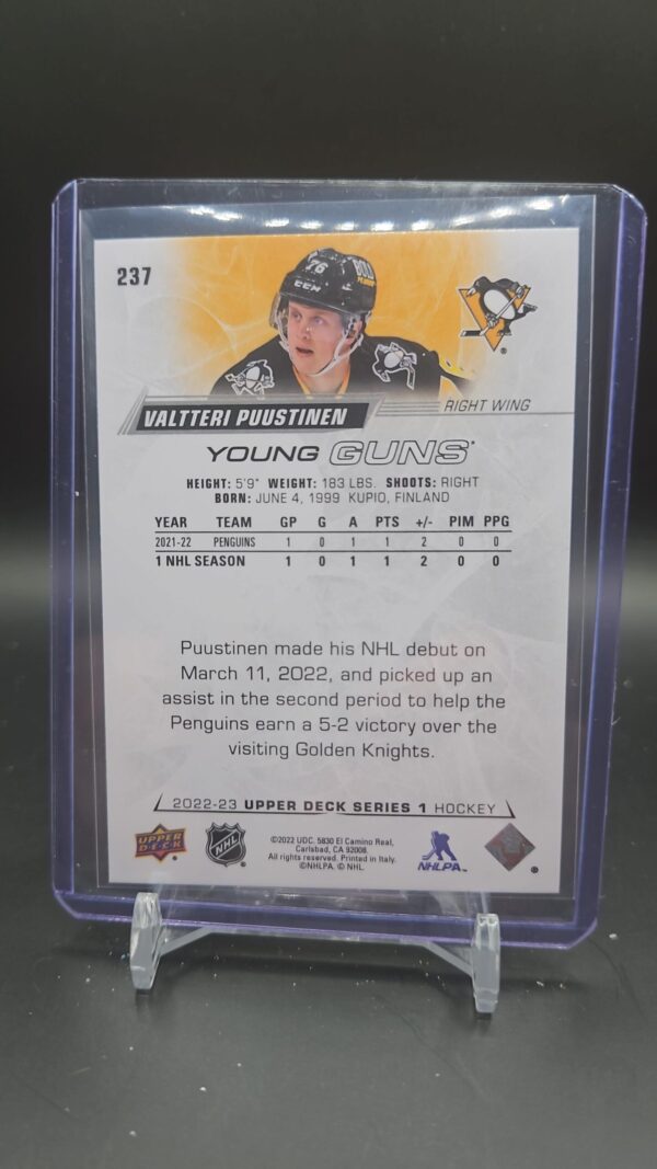 22/23 UD SERIES 1 VALTTERI PUUSTINEN YOUNG GUNS ROOKIE #237 - Image 2