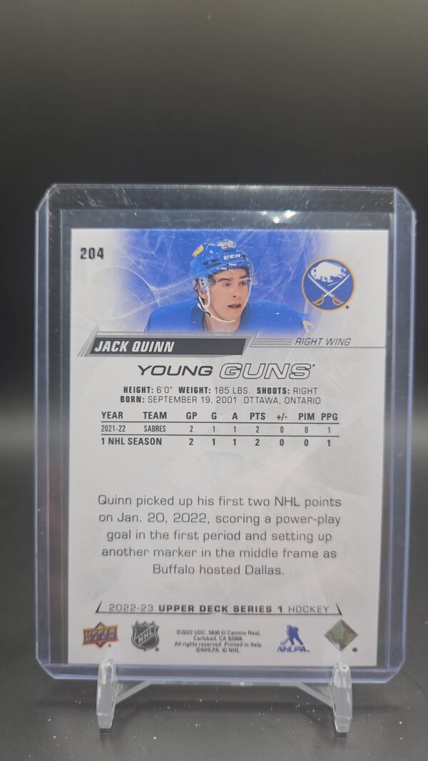 Jack Quinn 2022-23 Upper Deck Series 1 Hockey Young Guns RC #204 - Image 2