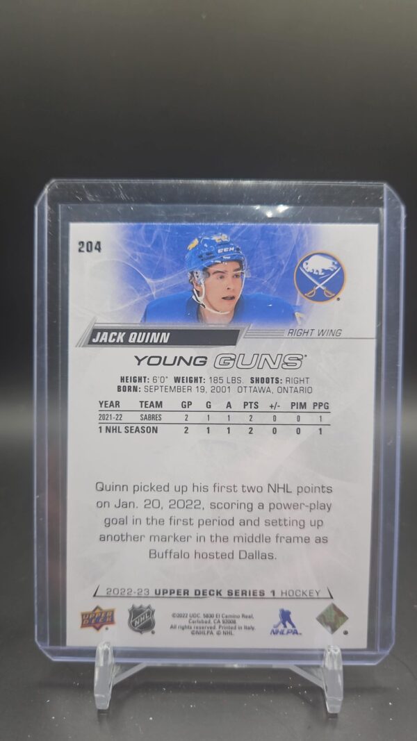 Jack Quinn 2022-23 Upper Deck Series 1 Hockey Young Guns RC #204 - Image 2