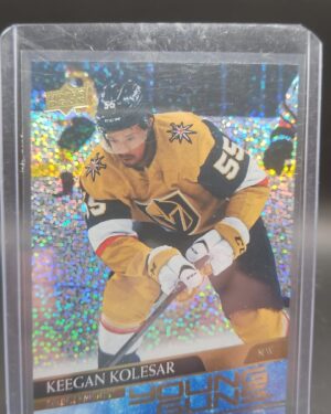 2020-21 Upper Deck Young Guns Speckled Rainbow Keegan Kolesar #477 rookie card featuring Vegas Golden Knights forward, rare parallel, and vibrant finish.