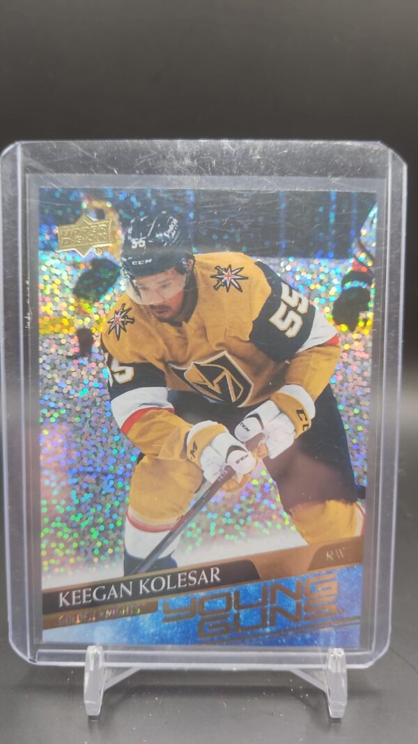 2020-21 Upper Deck Young Guns Speckled Rainbow Keegan Kolesar #477 rookie card featuring Vegas Golden Knights forward, rare parallel, and vibrant finish.