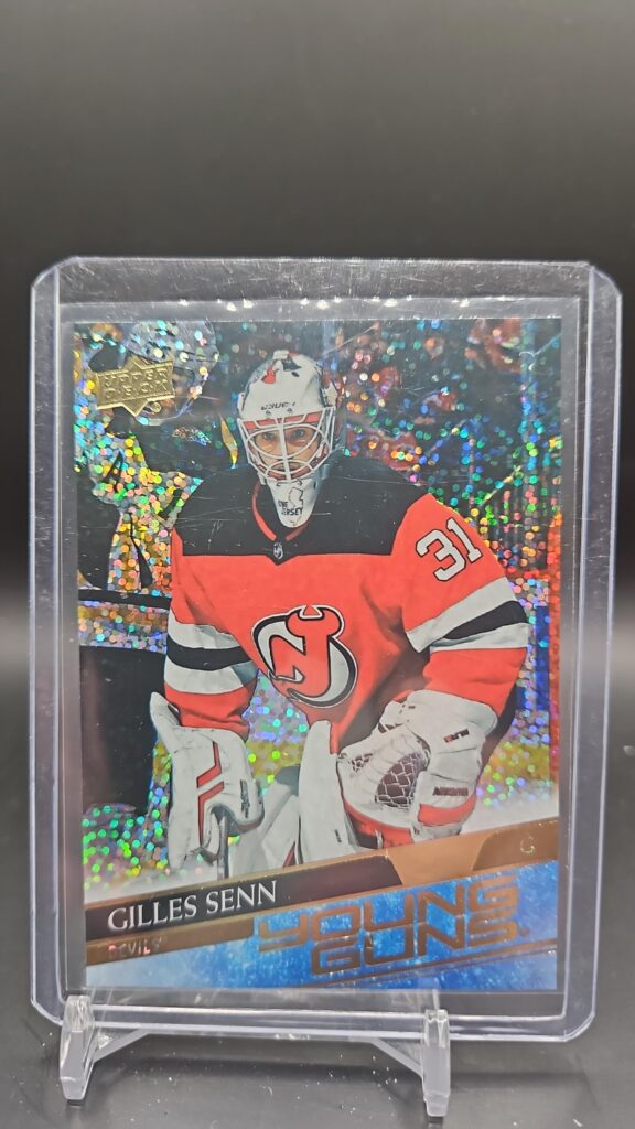 2020-21 Upper Deck Young Guns Speckled Rainbow Gilles Senn rookie card #453, Mint condition, New Jersey Devils, top collectible NHL rookie card.
