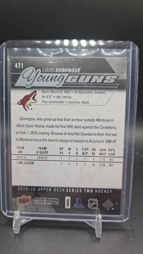 2015-16 Upper Deck - Young Guns #471 Louis Domingue Arizona Coyotes Rookie RC - Image 2