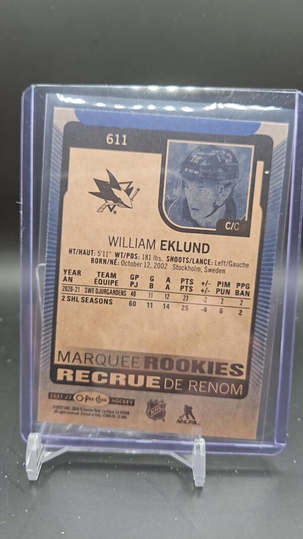 2021-22 Marquee Rookies Blue Border William Eklund Rookie San Jose Sharks #611 - Image 2