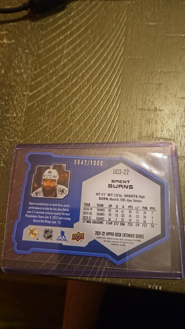 2021-22 Upper Deck Extended Series UD3 Die cut /1000 Brent Burns #UD3-22 - Image 2