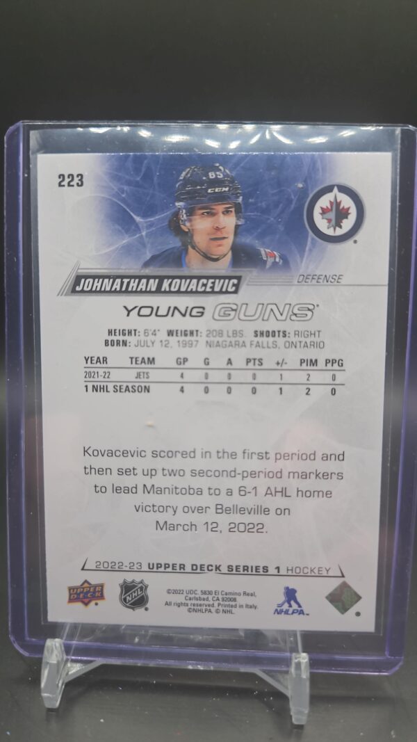 2022-23 Upper Deck Series 1 Young Guns Jonathan Kovacevic Winnipeg Jets RC #223 - Image 2