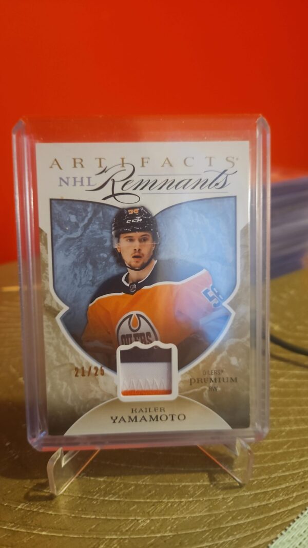 2022-23 UD Artifacts Kailer Yamamoto NHL Remnants Premium Patch /25 #NR-KY card front, Edmonton Oilers