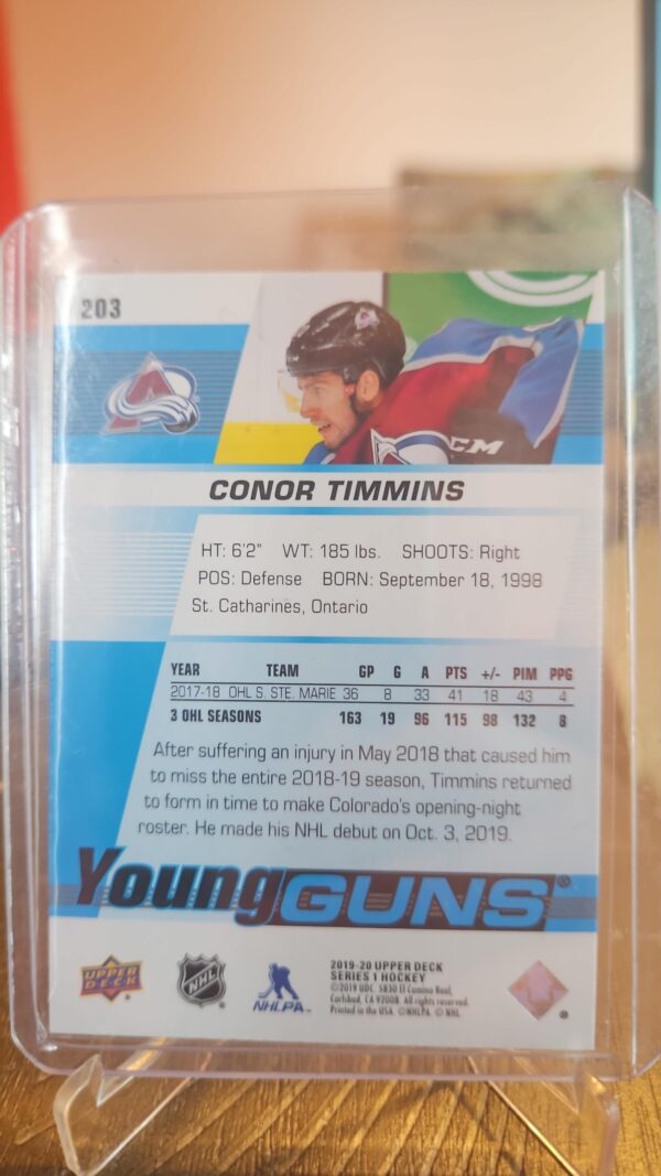 2019-20 Upper Deck Series 1 Conor Timmins Young Guns RC #203 - Avalanche - Image 2