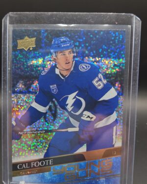 2020-21 Upper Deck Series 2 Young Guns Speckled Rainbow Foil rookie card #476 featuring Cal Foote of the Tampa Bay Lightning, a rare parallel highly sought after by NHL rookie card collectors.