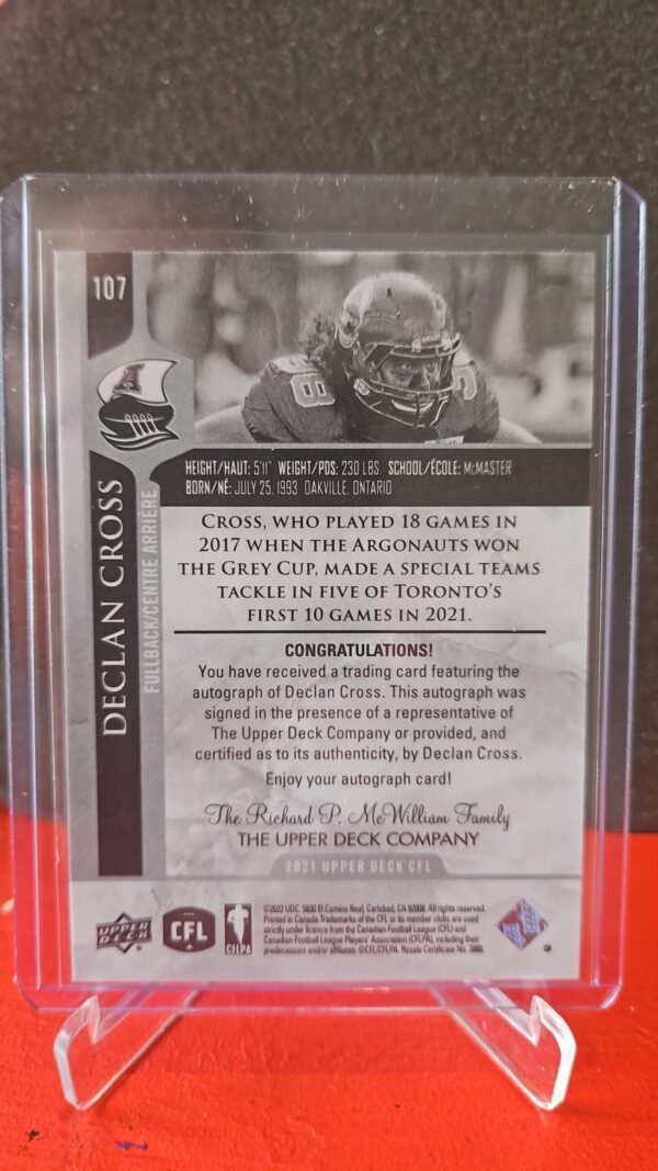 2021 Upper Deck CFL Autograph Auto 107 Declan Cross Toronto Argonauts - Image 2