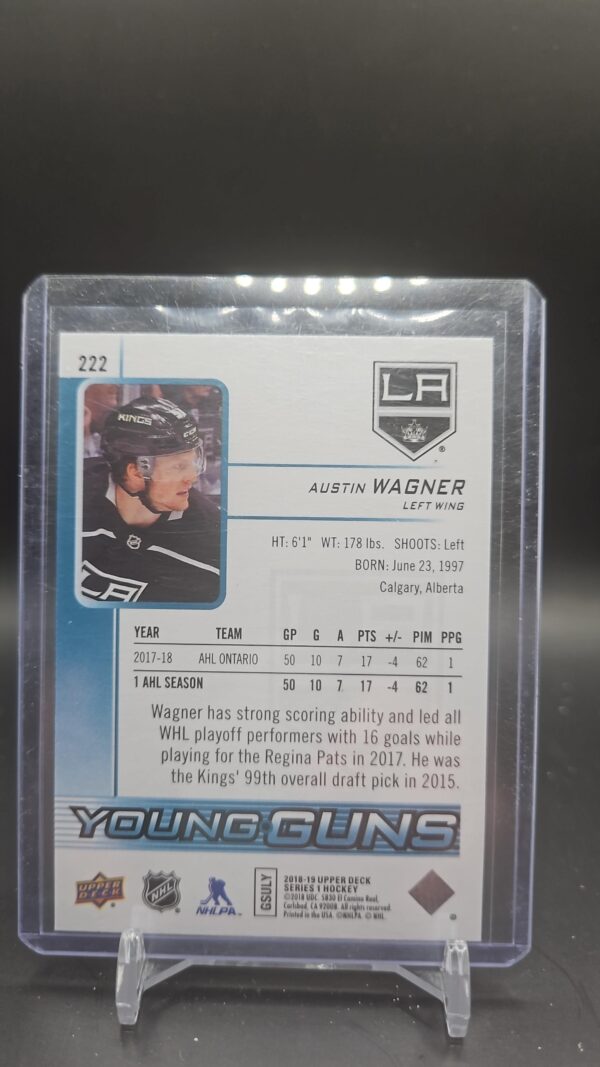 Austin Wagner 2018-19 Upper Deck Series 1 Young Guns RC #222 Los Angeles Kings - Image 2