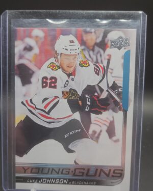2018-19 Upper Deck Series 1 Young Guns Luke Johnson Rookie Card #245, official NHL rookie card from Upper Deck, featuring the Chicago Blackhawks center.