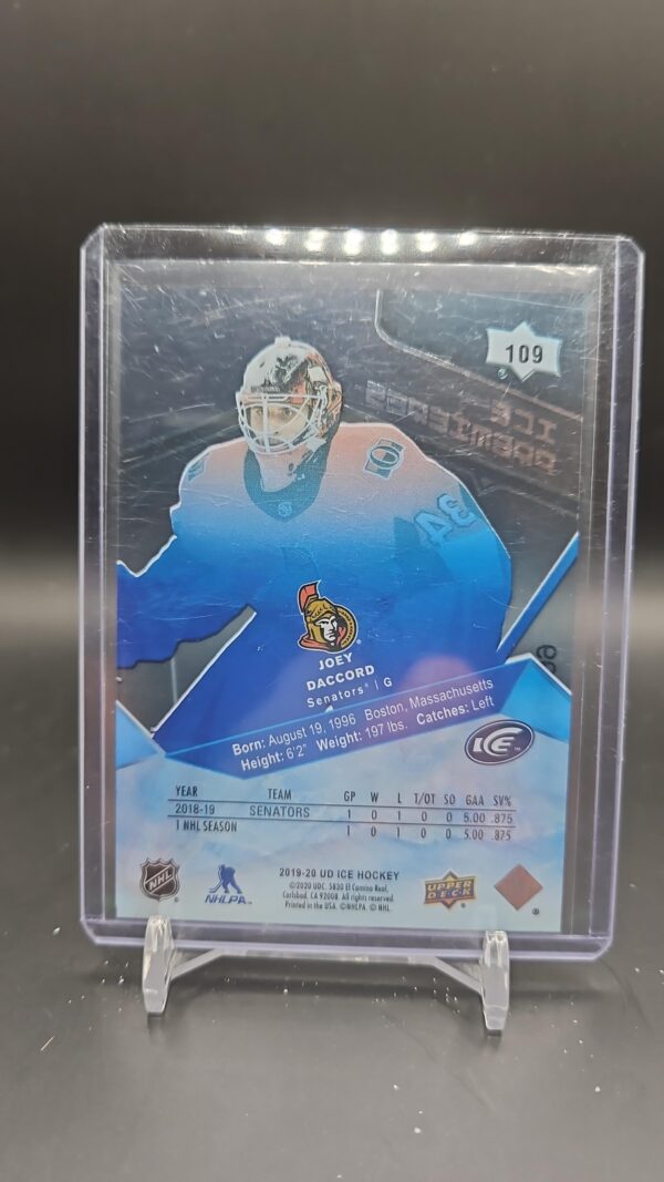 2019-20 Joey Daccord UD Ice Premieres Rookie RC /499 #109 - Image 2
