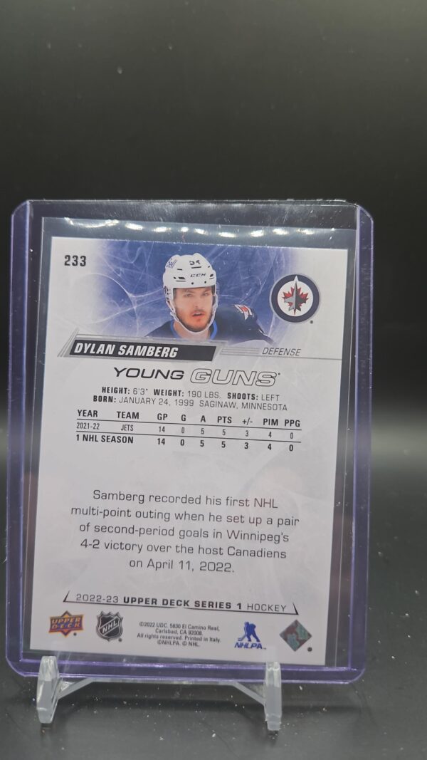 2022-23 Dylan Samberg Young Guns #233 Winnipeg Jets Rookie Series 1 - Image 2