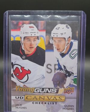 2019-20 Upper Deck Canvas Young Guns Checklist rookie card #C240 featuring Jack Hughes and Quinn Hughes, dual rookie collectible, NHL