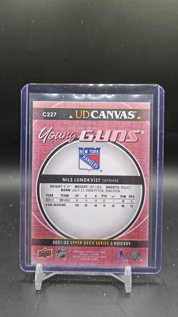 Nils Lundkvist 2021-22 UD Canvas Young Guns#C227 New York Rangers - Image 2