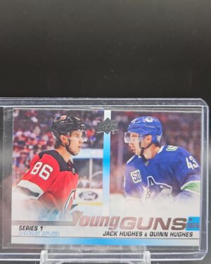 2019-20 Upper Deck Series 1 Young Guns Checklist #250 rookie card featuring Jack Hughes and Quinn Hughes, iconic dual rookie collectible.