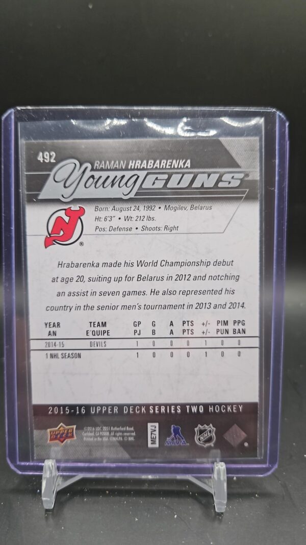 2015-16 Upper Deck Young Guns Raman Hrabarenka Rookie Devils #492 - Image 2
