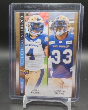 2021 Upper Deck CFL Checklist Gold /50 #200 featuring Andrew Harris and Adam Bighill, Winnipeg Blue Bombers, rare parallel and high-value collectible.