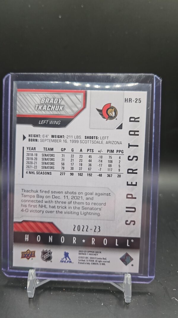 2022-23 Upper Deck Series 1 Superstar Honor Roll Brady Tkachuk HR-25 Senators - Image 2