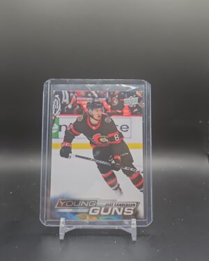 2022-23 Upper Deck Series 2 Young Guns Jake Sanderson rookie card #466, Ottawa Senators, top NHL rookie, collector favorite.