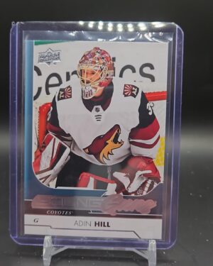 2017-18 Upper Deck Series 2 Young Guns Adin Hill #454 rookie card featuring Arizona Coyotes goaltender, iconic Young Guns design, and strong collector appeal.