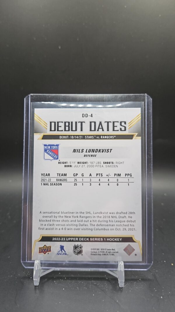Nils Lundkvist 2022-23 Upper Deck Debut Dates New York #DD-4 - Image 2
