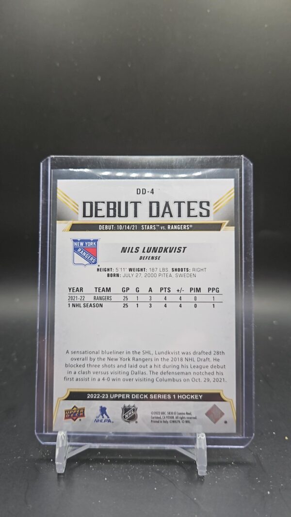 Nils Lundkvist 2022-23 Upper Deck Debut Dates New York #DD-4 - Image 2