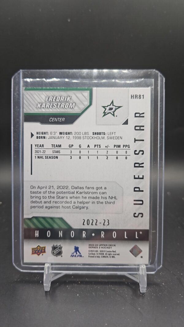 2022-23 UD Series 2 Superstar Honor Roll Fredrik Karlstrom Dallas Stars #HR-81 - Image 2