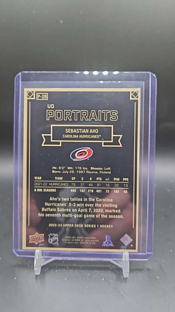 Sebastian Aho 2022-23 Upper Deck Series 1 UD Portraits #p-28 - Image 2