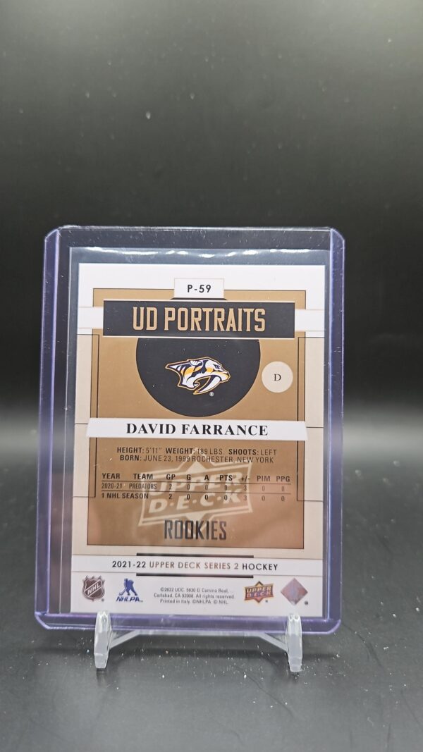 2021-22 UD Portraits David Farrance #P-59 Nashville Predators - Image 2